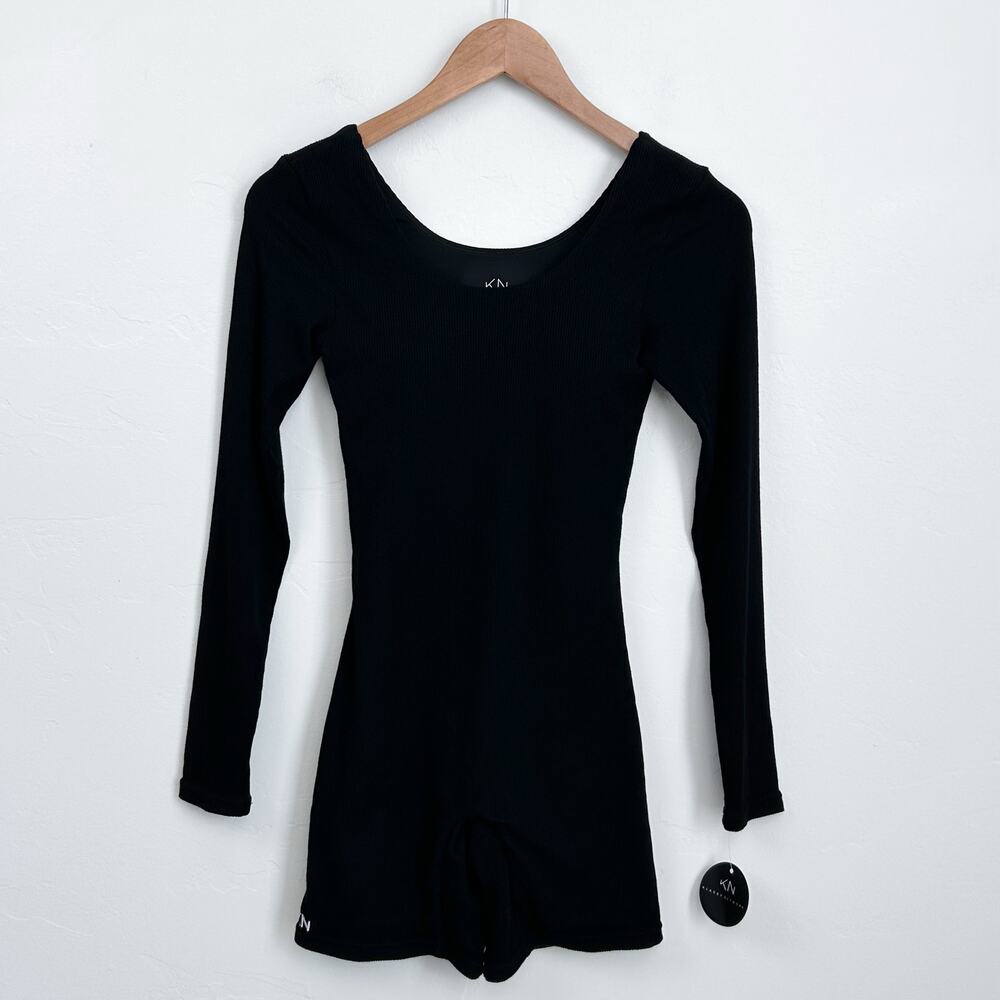 Klassy Network XS Black Knit Scoop Neck Long Sleeve One Piece Brami Romper NWT